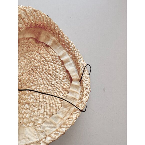 Vintage Raffia Straw Black Velvet Ribbon Yellow Faux Flower Juliet Hat - Picture 14 of 15